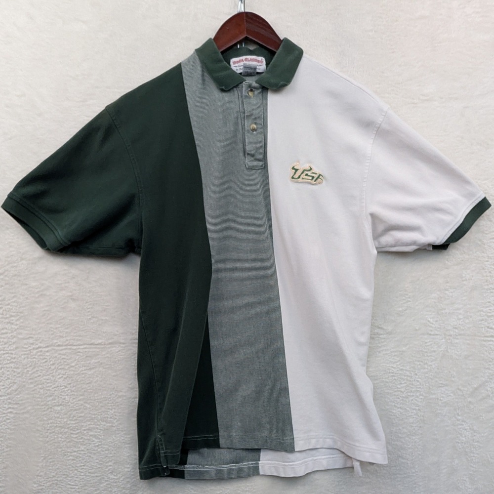 VTG Boca Classics USF Bulls Polo Shirt Men's Medium Green Colorblock Striped 90s